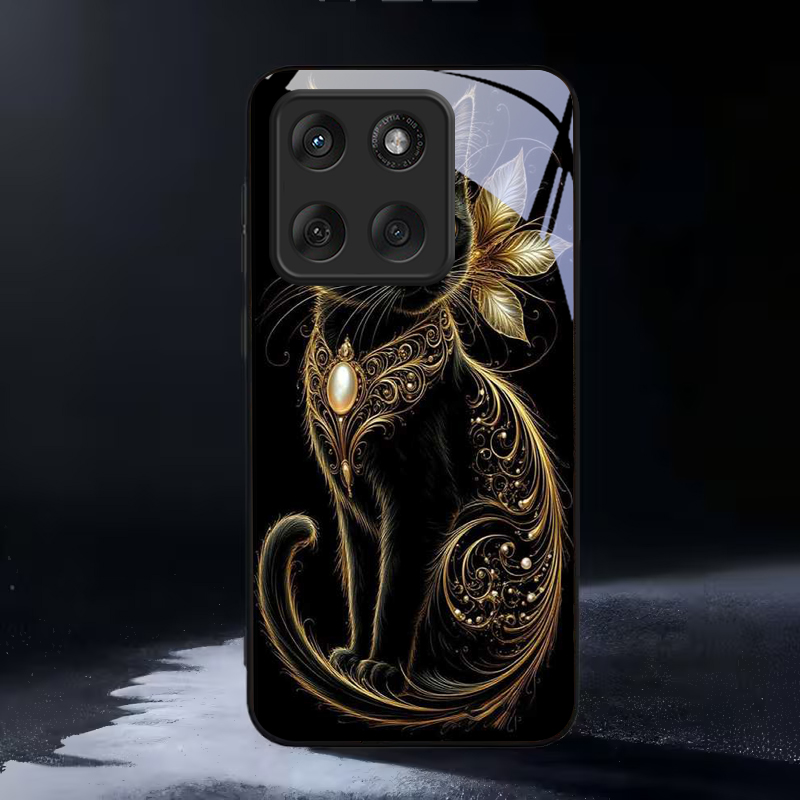 Phone Cases Motorola - Mistik Altın İnci Kedi Siyah Cam
