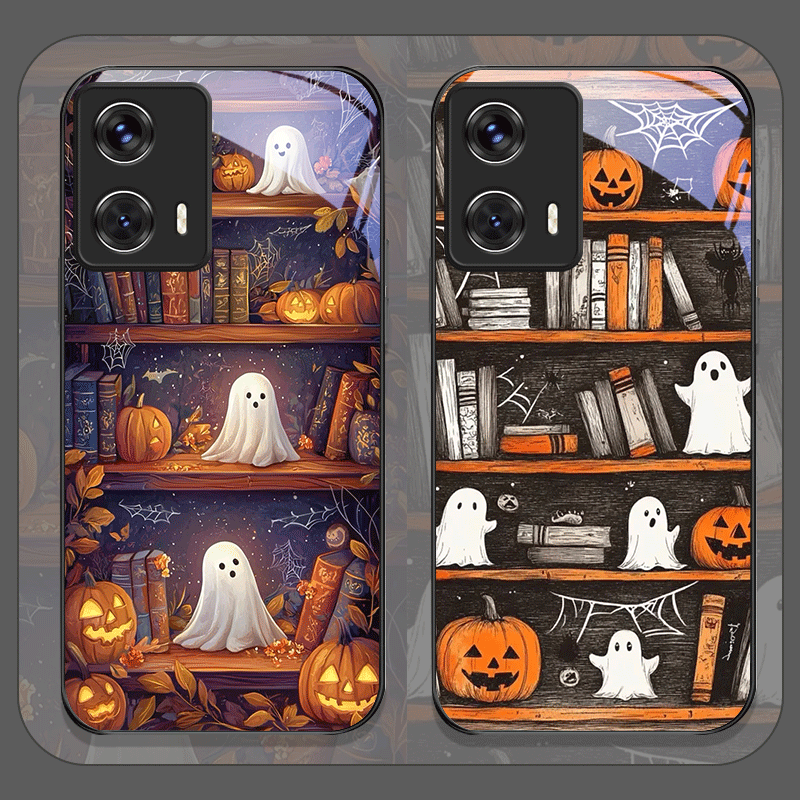 Phone Cases Motorola - Cadılar Bayramı Balkabağı Hayalet Kitaplık Temperli
