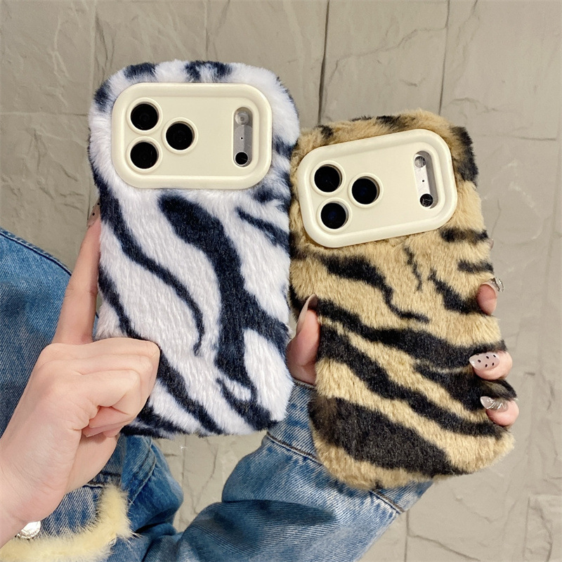 Phone Cases Protective - Lüks Zebra Desenli Tüylü Peluş Telefon