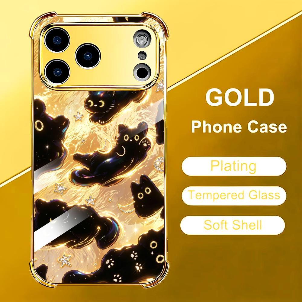 Phone Cases Rhode - Premium Altın Siyah Kedi cam telefon