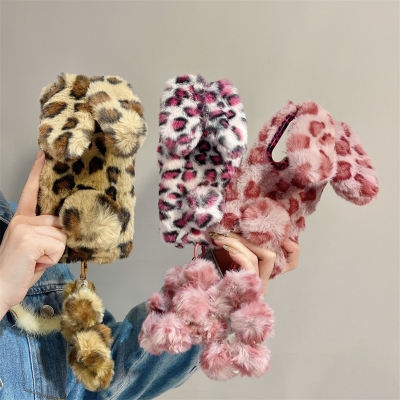 Phone Cases Samsung Galaxy - Lüks 3D Leopar Desenli Tavşan Peluş
